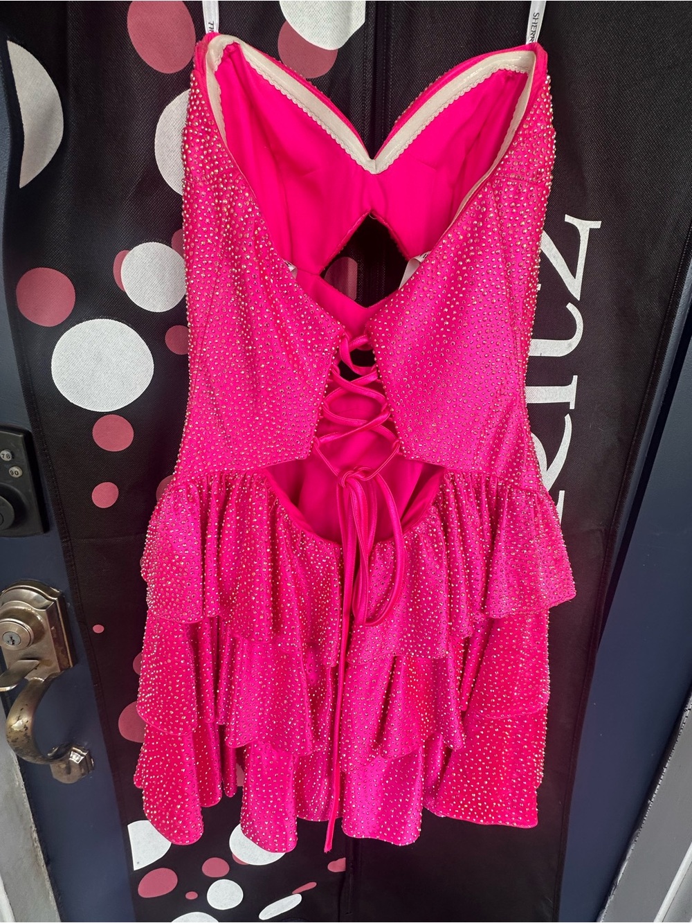 Sherri Hill Hot Pink Rhinestone Tiered Ruffle Prom Dress - Picture 2 of 9